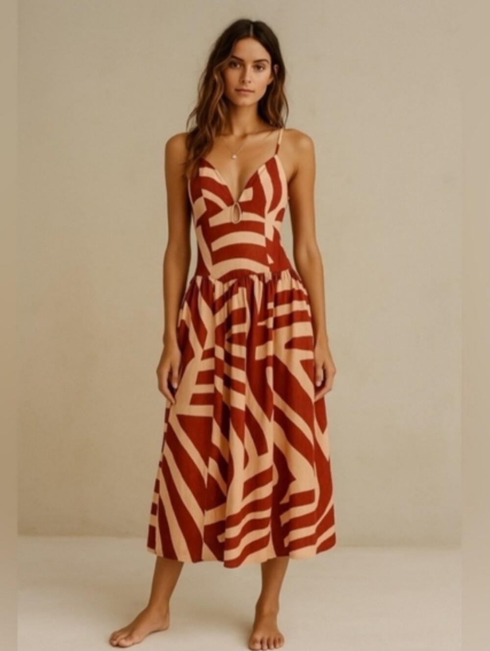 Mon Renn Surreal Abstract Stripe Red & Cream Spaghetti-Strap Maxi Dress